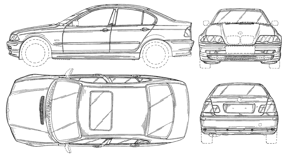 1998 BMW 3-Series E46 Sedan blueprints free - Outlines
