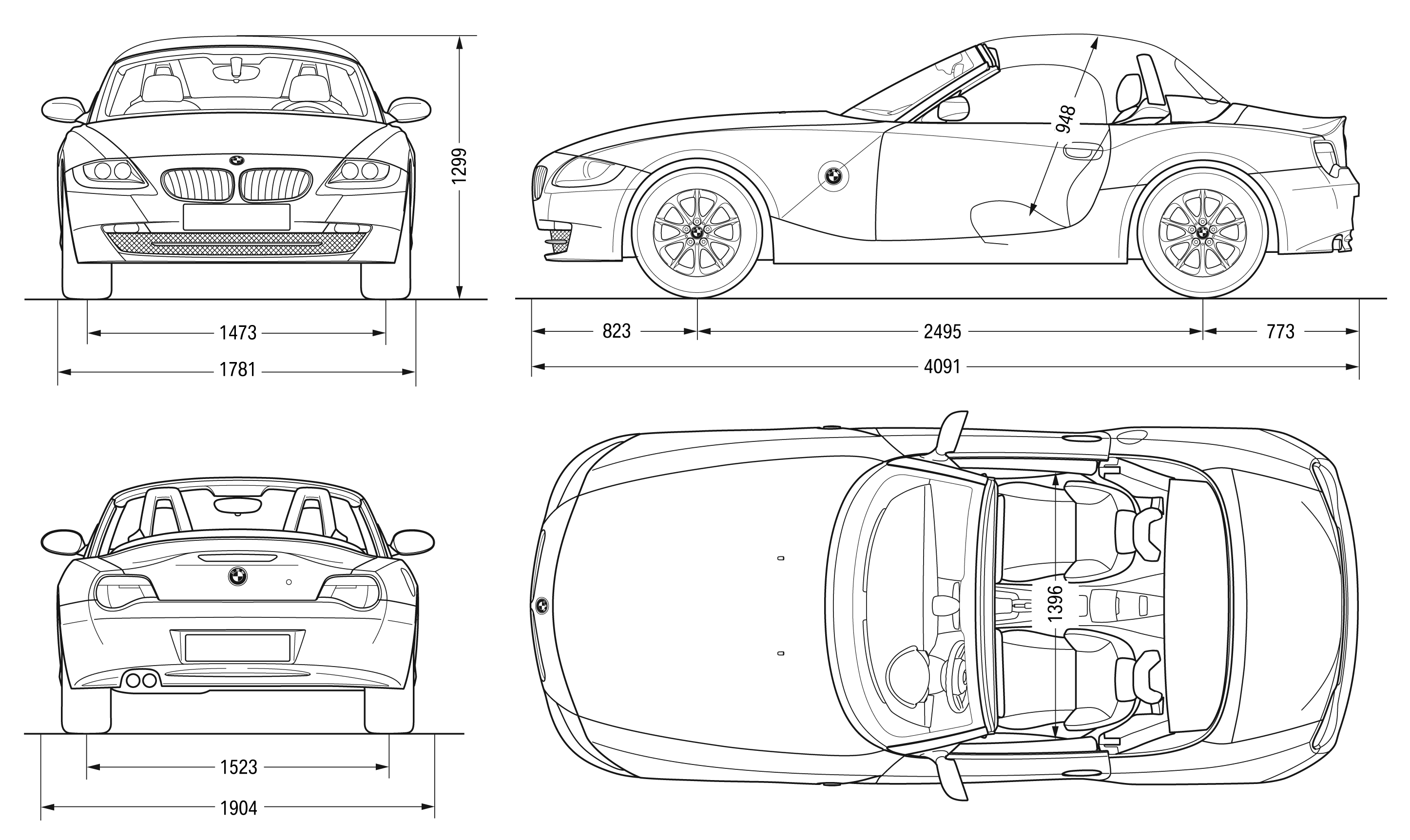 2007 BMW Z4 E85 Roadster Cabriolet v2 blueprints free - Outlines