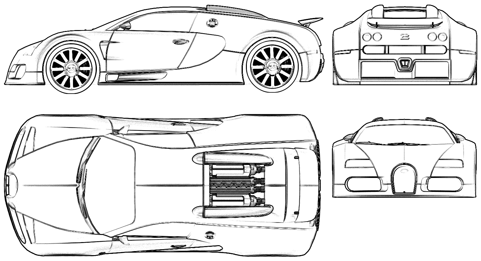 2005 Bugatti Veyron EB 16.4 Coupe v2 blueprints free - Outlines