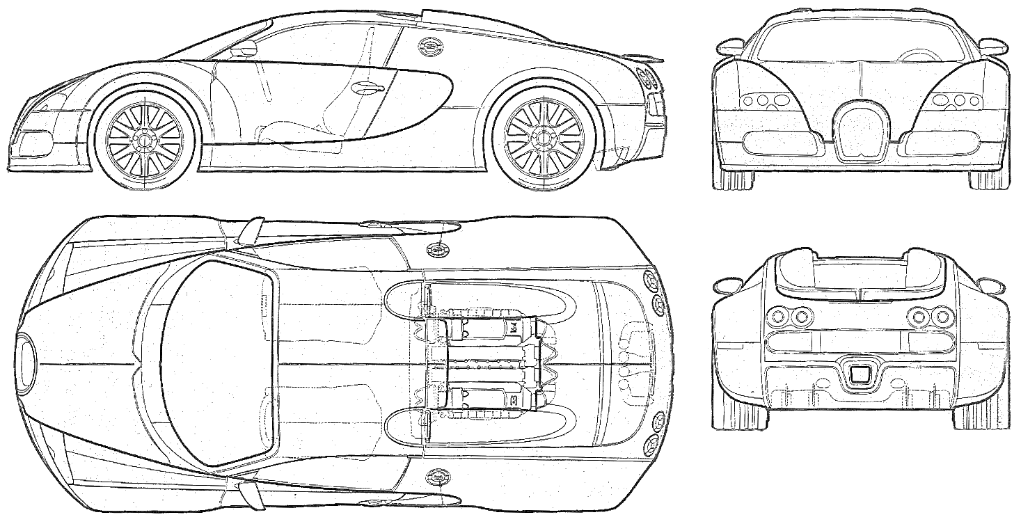 2005 Bugatti Veyron EB 16.4 Coupe v3 blueprints free - Outlines