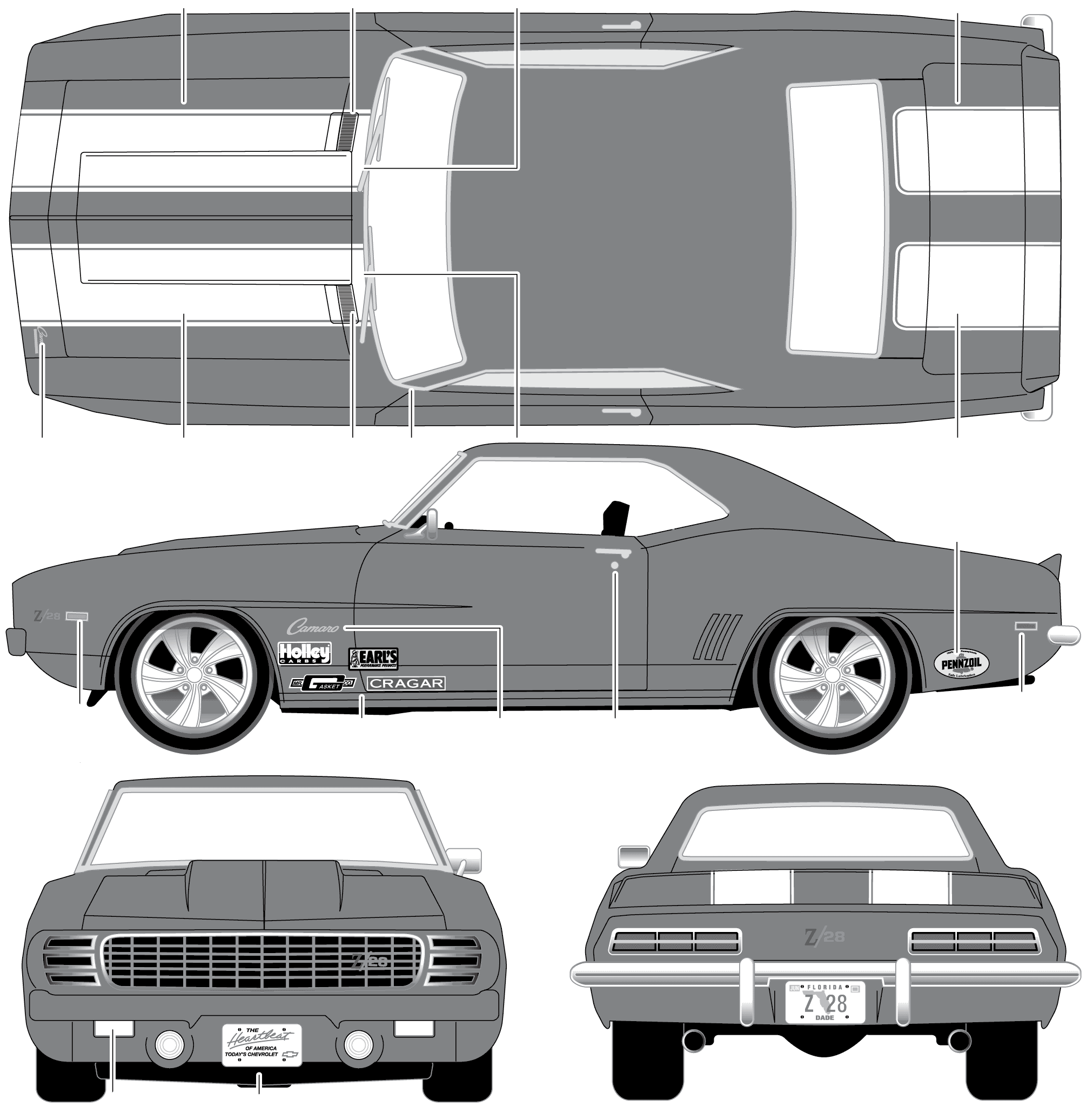 1969 Chevrolet Camaro Z28 Coupe blueprints free Outlines