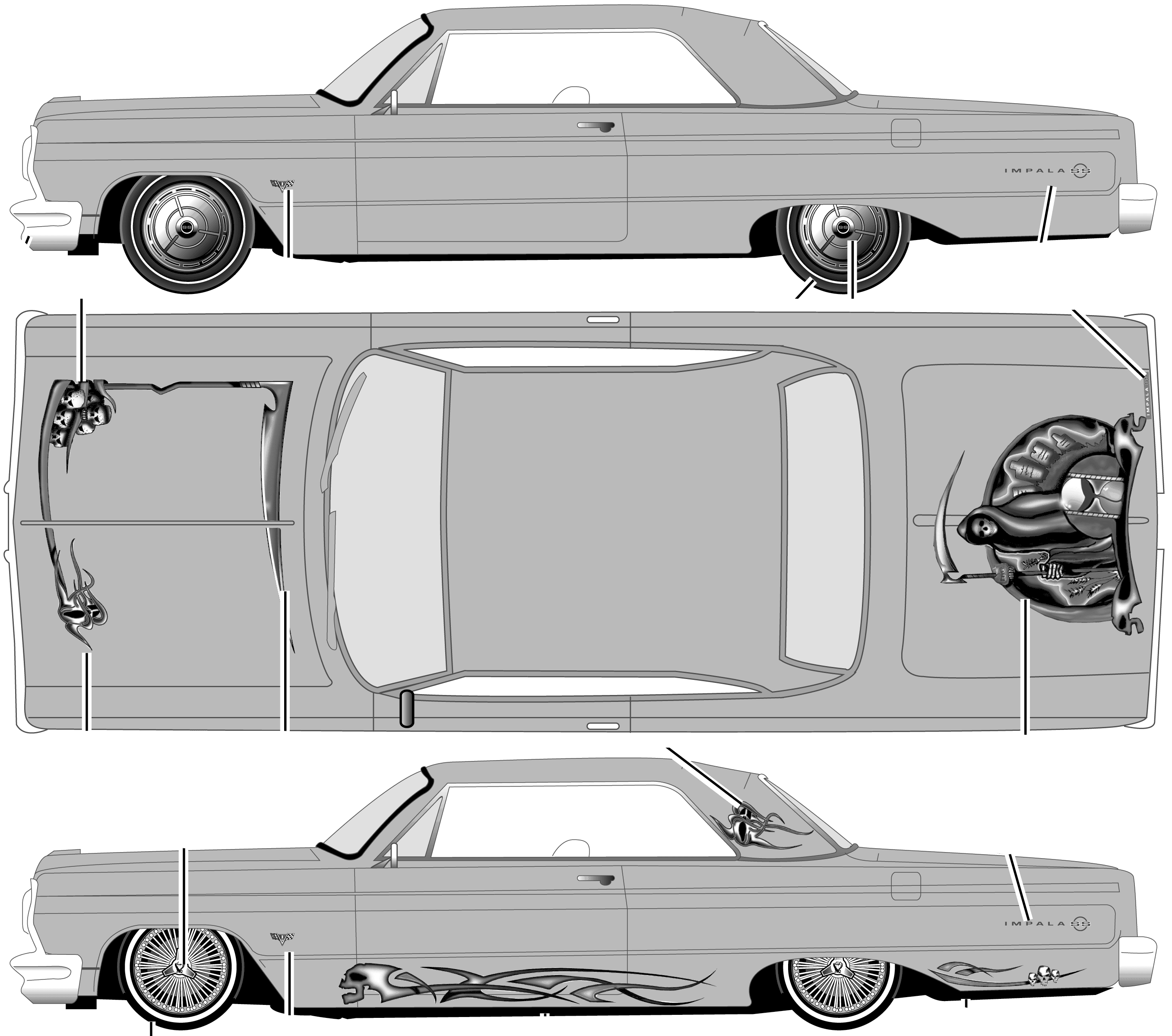 1964 Chevrolet Impala Lowrider Coupe blueprints free Outlines