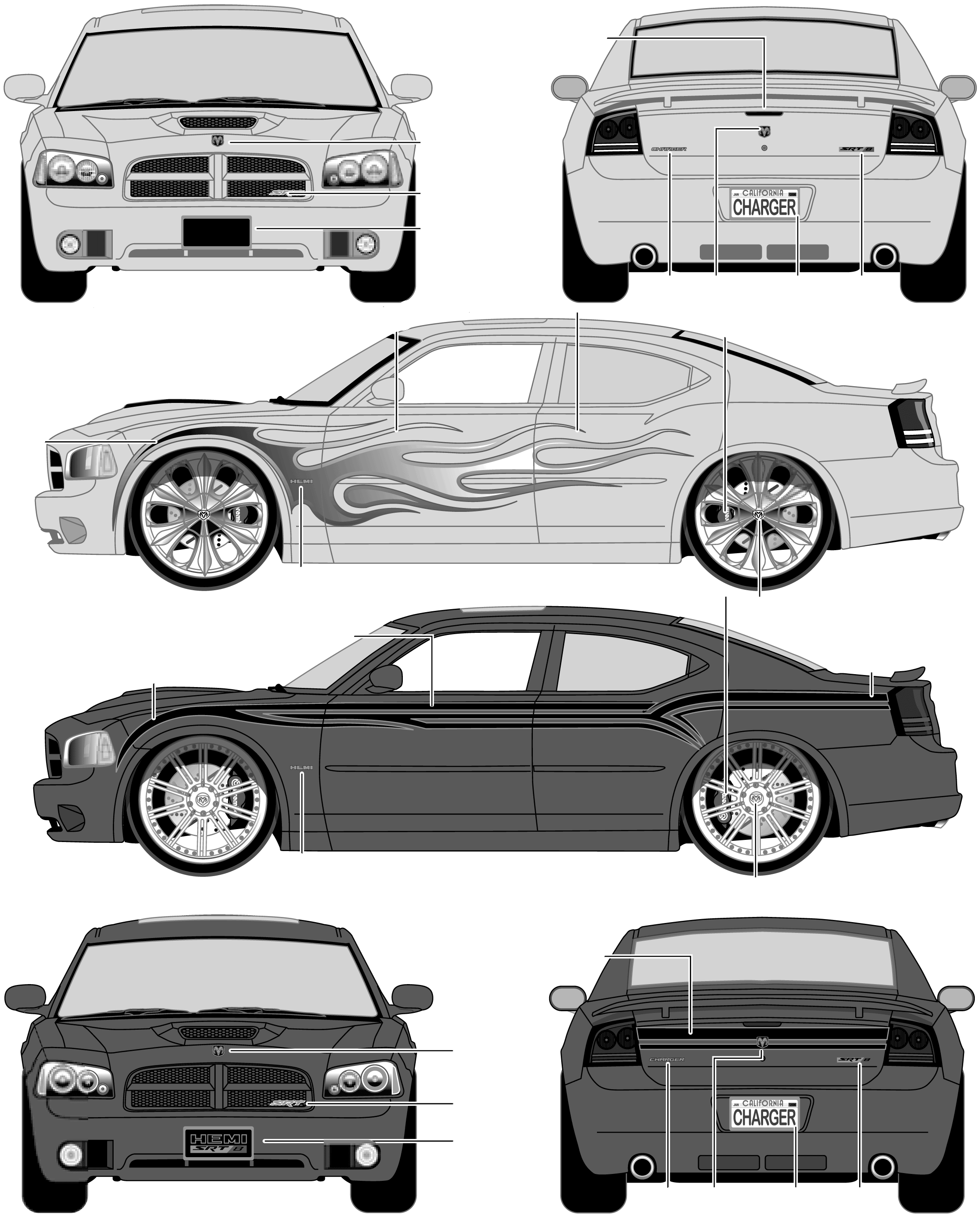 2006 Dodge Charger SRT8 Sedan blueprints free - Outlines