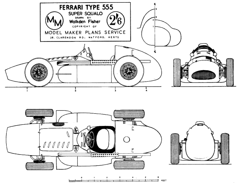 1955 Ferrari 555 F1 Super Squalo Formula blueprints free - Outlines