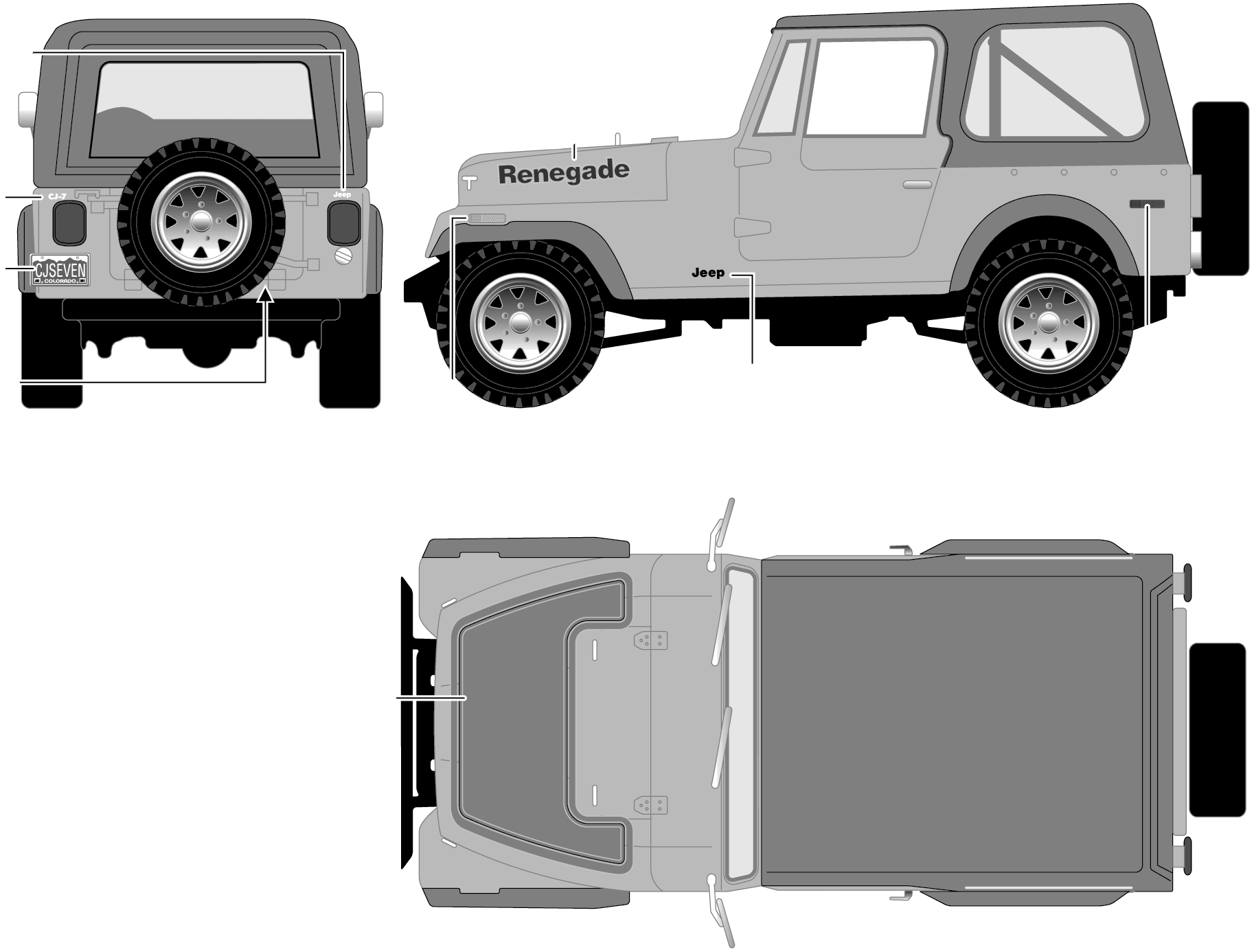 1977 Jeep CJ7 Renegade SUV blueprints free Outlines