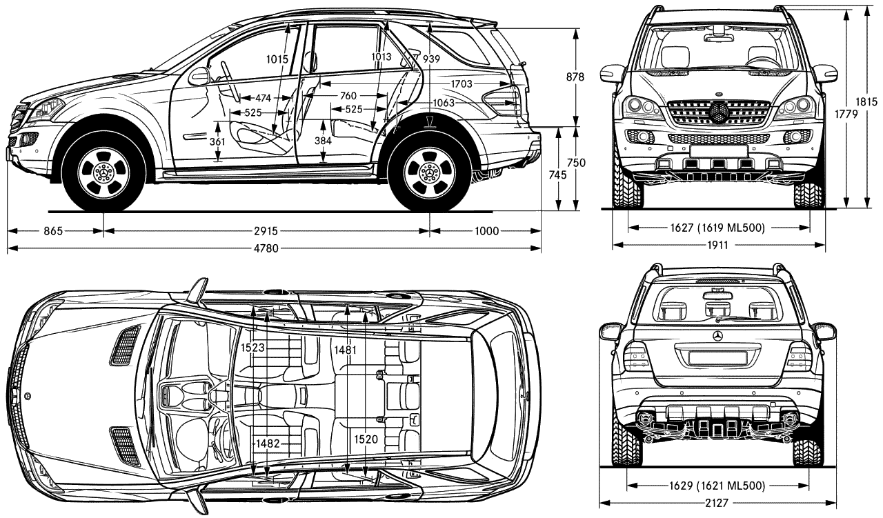 2005 Mercedes-Benz M-Class W164 SUV blueprints free - Outlines
