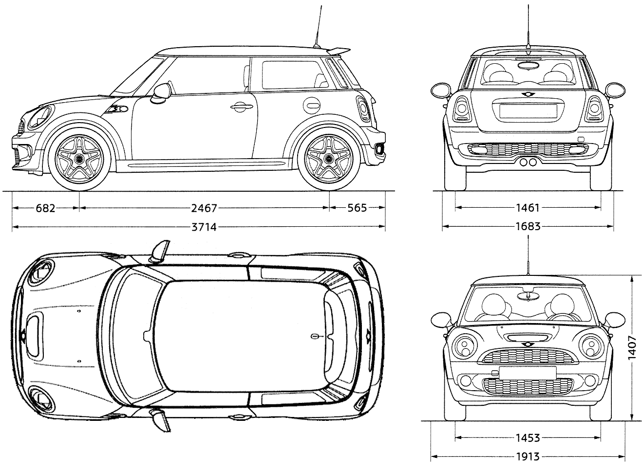 2007 Mini Cooper S Hatchback blueprints free - Outlines