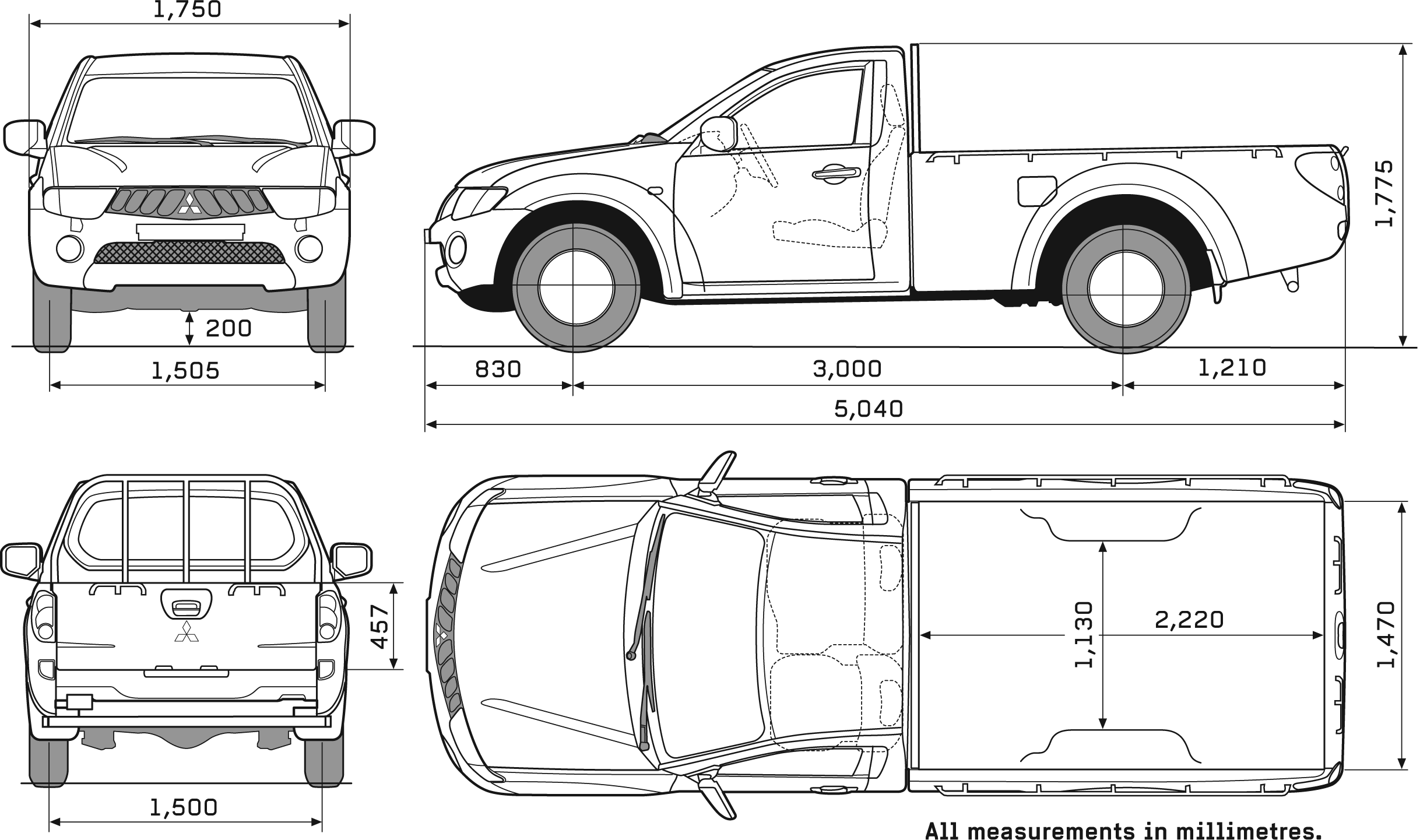 Download 2008 Mitsubishi L200 Single Cab Pickup Truck Blueprints Free Outlines PSD Mockup Templates