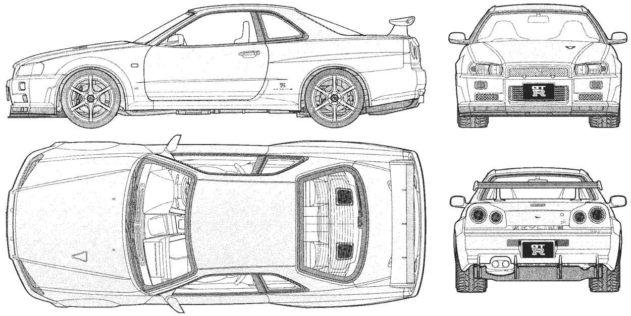2002 Nissan Skyline GTR R34 VSpec II Coupe blueprints free Outlines
