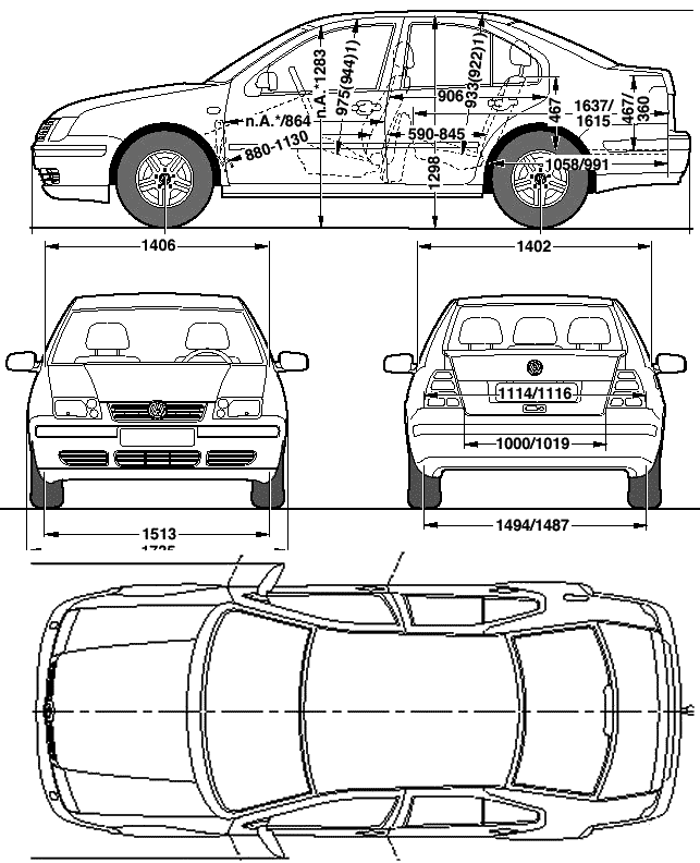 1998 Volkswagen Bora (Typ 1J) Sedan blueprints free - Outlines