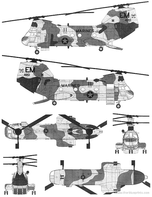 Boeing CH-46E Seaknight blueprints free - Outlines