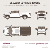 2024 Chevrolet Silverado 3500HD 4 Gen Facelift SRW ∙ Crew Cab Standard Bed ∙ LT ∙ Custom ∙ Top View Pickup Truck blueprint