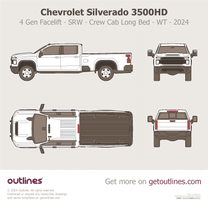 2024 Chevrolet Silverado 3500HD 4 Gen Facelift SRW ∙ Crew Cab Long Bed ∙ WT ∙ Top View Pickup Truck blueprint