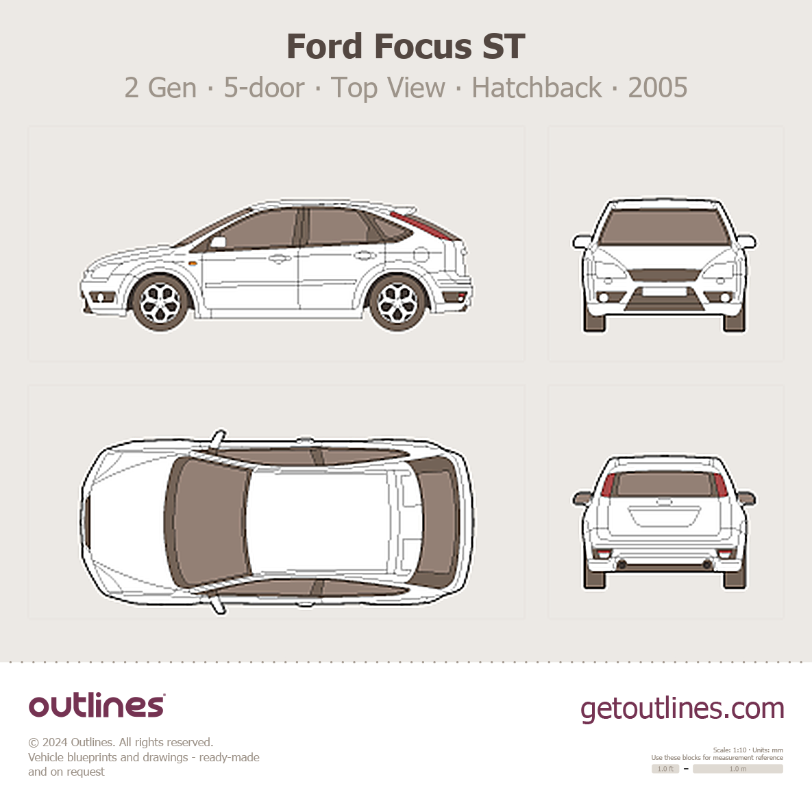 2005 Ford Focus ST 2 Gen 5 door Top View Hatchback Drawings 