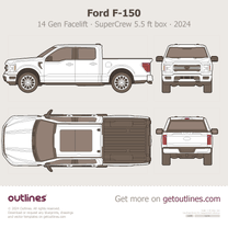 2024 Ford F-150 14 Gen Facelift SuperCrew 5.5 ft box Short Box ∙ Lariat ∙ KR ∙ P ∙ Top View Pickup Truck blueprint