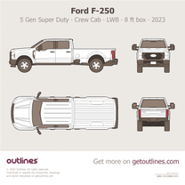 2023 Ford F-250 Super Duty 5 Gen Crew Cab ∙ LWB ∙ 8 ft box ∙ XL ∙ XLT ∙ Top View Pickup Truck blueprint