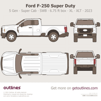 2023 Ford F-250 Super Duty 5 Gen SuperCab ∙ Extended Cab ∙ SWB ∙ 6.75 ft box ∙ XL ∙ XLT ∙ Top View Pickup Truck blueprint