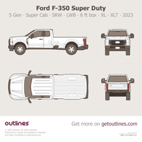 2023 Ford F-350 Super Duty 5 Gen SRW ∙ Super Cab ∙ LWB ∙ 8 ft box ∙ XL ∙ XLT ∙ Top View Pickup Truck blueprint