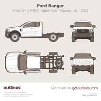 2022 Ford Ranger 4 Gen T6.2 P703 Super Cab Chassis ∙ Extended Cab ∙ XL ∙ Top View Pickup Truck blueprint