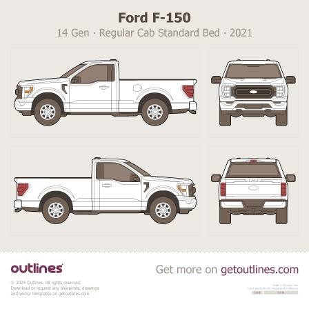 2021 Ford F-150 14 Gen P702 Regular Cab 6.5 ft box Standard Box Pickup Truck blueprint