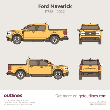 2023 Ford Maverick P758 XLT AWD Pick-up Truck Yellow Pickup Truck blueprint