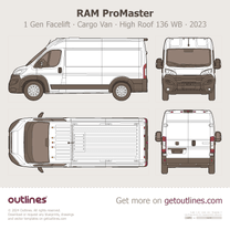 2023 Ram ProMaster 1500 1 Gen Facelift Cargo Van ∙ High Roof 136 WB ∙ Top View Van blueprint