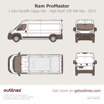 2023 Ram ProMaster 1 Gen Facelift Cargo Van ∙ High Roof 159 WB ∙ Top View Van blueprint