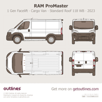 2023 Ram ProMaster 1500 1 Gen Facelift Cargo Van ∙ Standard Roof 118 WB ∙ Top View Van blueprint