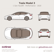 2020 Tesla Model 3 1 Gen Facelift Performance ∙ Top View Sedan blueprint