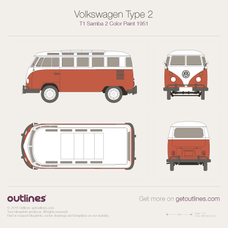 1950 Volkswagen Type 2 T1 Samba 2-Colors Paint Microvan blueprints and drawings
